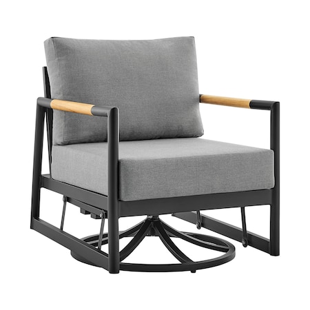 Armen Living Royal Outdoor Patio Swivel Glider Lounge Chair in Black Aluminum and Teak Wood with Cushions 840254332539